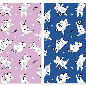 May include: Two seamless patterns featuring white cats with black stripes doing yoga poses on a pink and blue background. The text "Meow" and "Namaste" are included in the patterns.