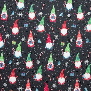 Happy Giving Gnomes Christmas Cotton Fabric, Holiday Winter FQ Fat Quarter Eighth By the Yard BTY Precuts Small Scale Cute Gnome Snowflakes