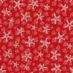 May include: A festive red background with a repeating pattern of white snowflakes and light red paw prints. The design creates a winter or holiday theme, suitable for various seasonal products.