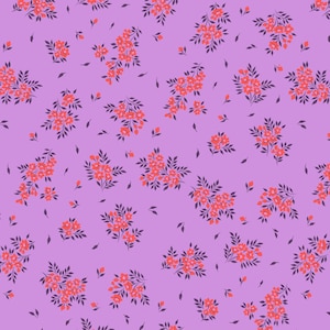 May include: A fabric pattern featuring a light purple background with a repeating print of small clusters of coral-colored flowers and dark purple leaves. The floral design is scattered across the surface with individual petals and leaves.