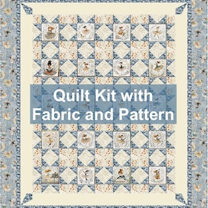 May include: A quilt kit with fabric and pattern. The quilt features a repeating pattern of dancers in squares, set against a cream and blue background. The border is a floral pattern in blue and cream. The text "Quilt Kit with Fabric and Pattern" is displayed.