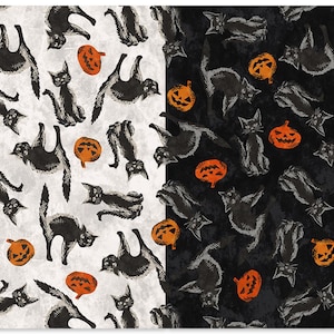 以下が含まれることがあります： ハロウィーンをテーマにしたパターンで、黒猫とオレンジ色のカボチャが描かれています。 デザインは分割されており、片側は白い背景、もう片側は黒い背景です。 猫は様々なポーズをしており、カボチャには彫刻された顔があります。
