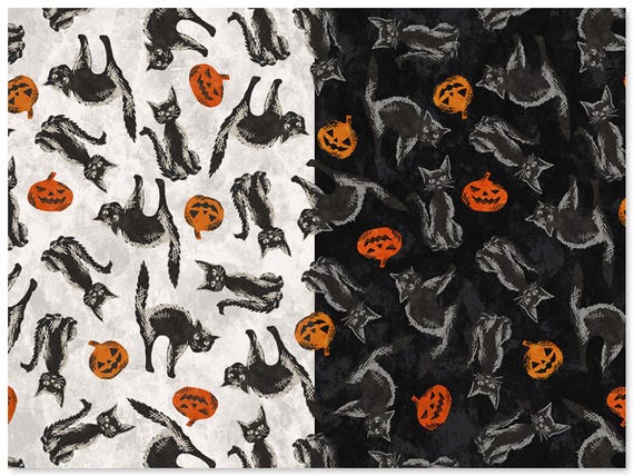 Spooky Cats Cotton Fabric, Hallow's Eve 54447, Whistler Studio, Windham Halloween FQ Fat Quarter BTY By the Yard Precuts Witchy Black Cat