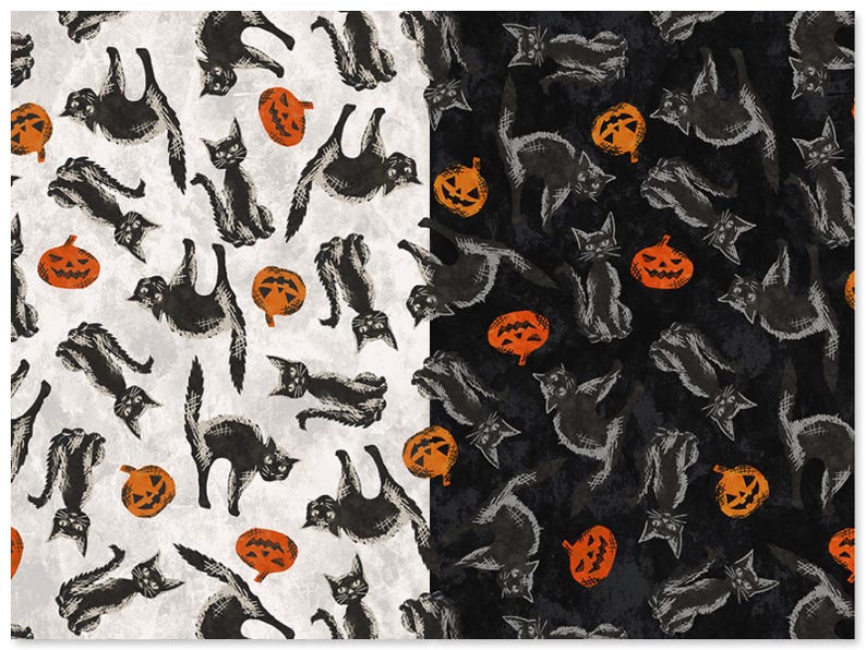 以下が含まれることがあります： ハロウィーンをテーマにしたパターンで、黒猫とオレンジ色のカボチャが描かれています。 デザインは分割されており、片側は白い背景、もう片側は黒い背景です。 猫は様々なポーズをしており、カボチャには彫刻された顔があります。