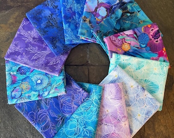 12 piece Painted Sea Fat Quarter Bundle, Amy Tieman, P&B Textiles, FQ Precuts Beach Ocean  Modern Coastal Under the Sea Decor