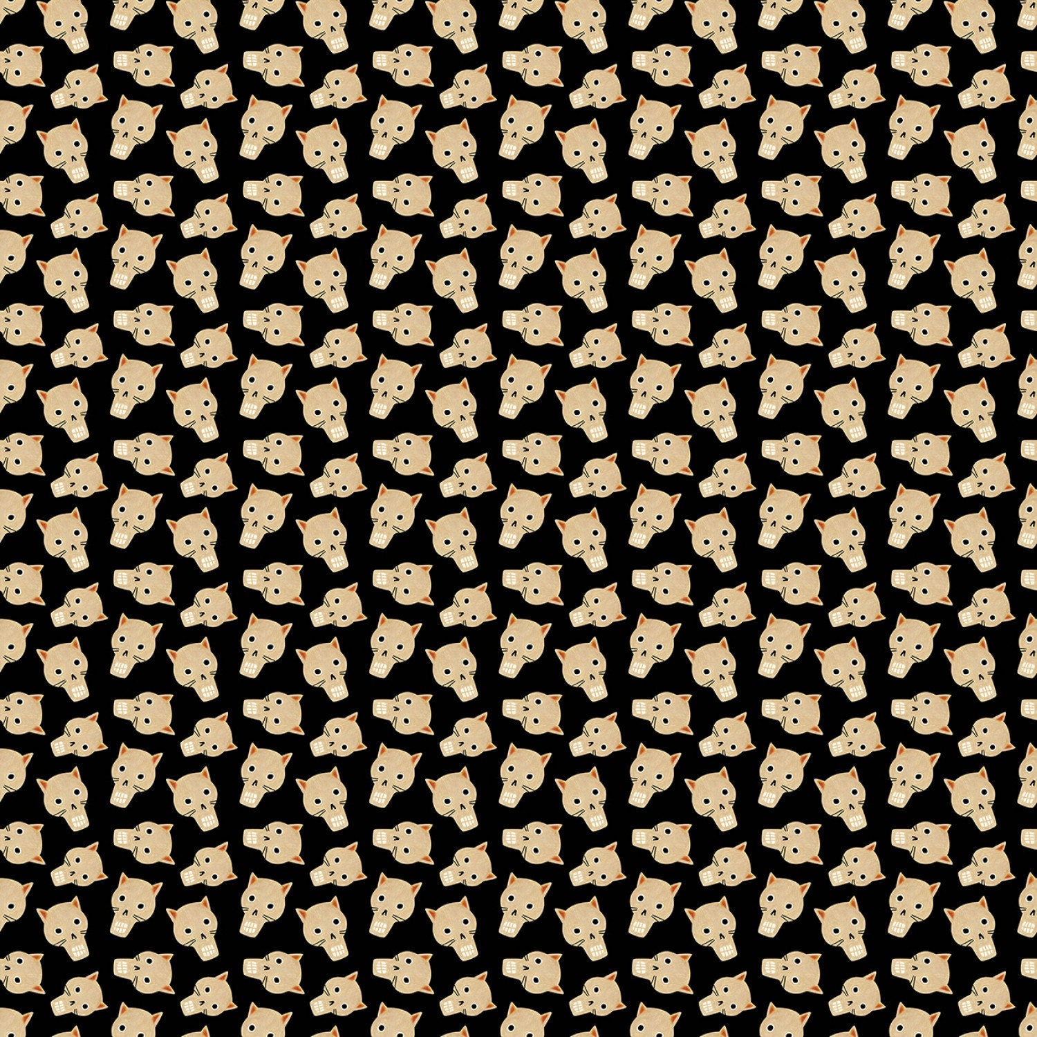 Jet Kitty Skulls Halloween Cotton Fabric, Meowloween DLW2851 Leezaworks Dear Stella, FQ Fat Quarter BTY by the Yard, Cute Witchy Skull Decor