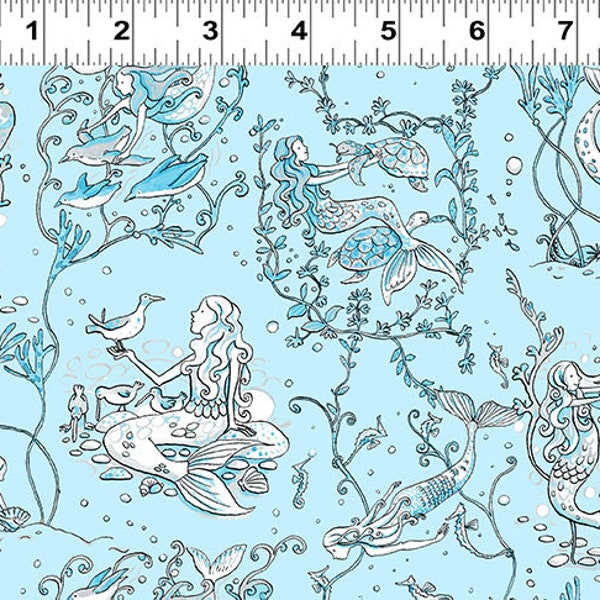 Mermaids Cotton Fabric, Sandy Toes Y4046, Anita Jeram Clothworks, Mermaid Beach Tote Summer Bag FQ Fat Quarter BTY by Yard Sea Turtle Decor