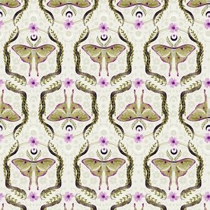 May include: A seamless pattern featuring green moths with purple accents, crescent moons, and floral details on a cream background.