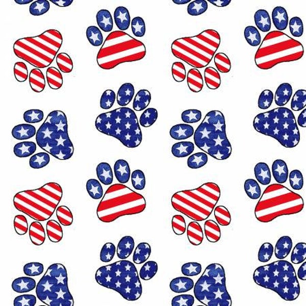 Patriotic Paw Prints Patriotic Cotton Fabric, Paws for America Studio E, By Yard BTY FQ fat quarter, Dog bandana flag July 4th star red blue