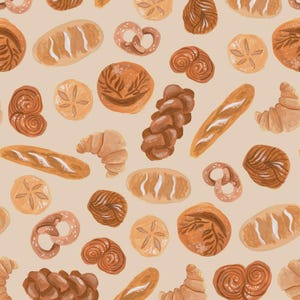 May include: A repeating pattern on a light beige background featuring various baked goods including golden brown croissants, braided loaves, round rolls with scored tops, twisted pretzels, and long baguettes with white flour dusting.