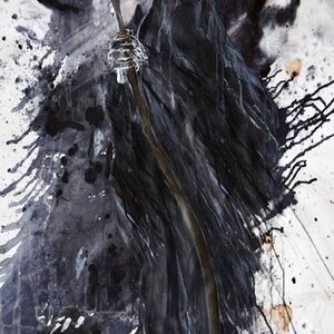 May include: Abstract artwork featuring a cloaked figure holding a staff with a red tip. The figure is rendered in black and gray against a white background with black paint splatters. Panel size is 24" x 43".