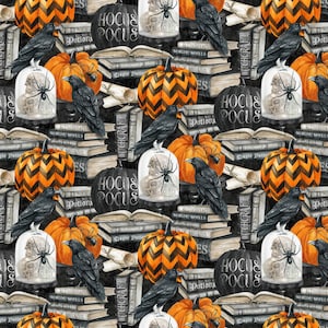 May include: A repeating pattern featuring Halloween-themed elements. The design includes orange and black pumpkins, black crows, stacks of books, glass domes with spiders, and the text "Hocus Pocus".