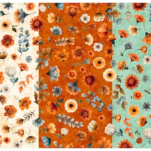 May include: A fabric pattern featuring three vertical panels with floral motifs. The left panel is cream, the center is burnt orange, and the right is light teal. Each section displays scattered orange, red, and white flowers with green foliage.