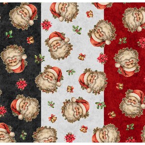 May include: A repeating pattern of Santa Claus faces, poinsettias, holly, and bells. The background is divided into three vertical sections: black, white, and red. The Santa faces have a vintage aesthetic, with a red hat and white beard.