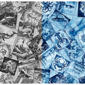 May include: A collage of blue and white images featuring nautical themes, including anchors, whales, seahorses, lobsters, and an octopus. The images are arranged in a random pattern and have a vintage, distressed look.