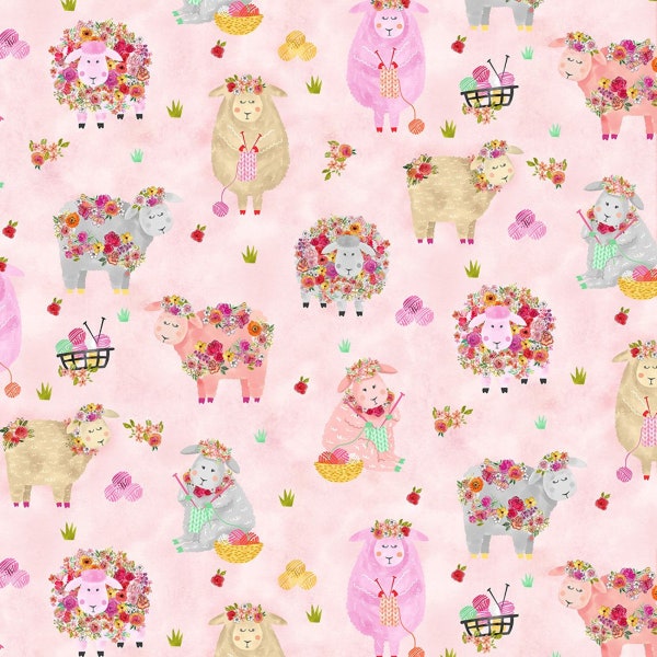 Pink Knitting Sheep Cotton Fabric, Knitting Goddess Timeless Treasures Valentines Day BTY By the yard Fat Quarter FQ eighth half Yardage