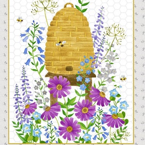 May include: A watercolor illustration of a beehive surrounded by purple and blue flowers. The beehive is made of woven straw and sits on a wooden stand. There are bees flying around the beehive and flowers.