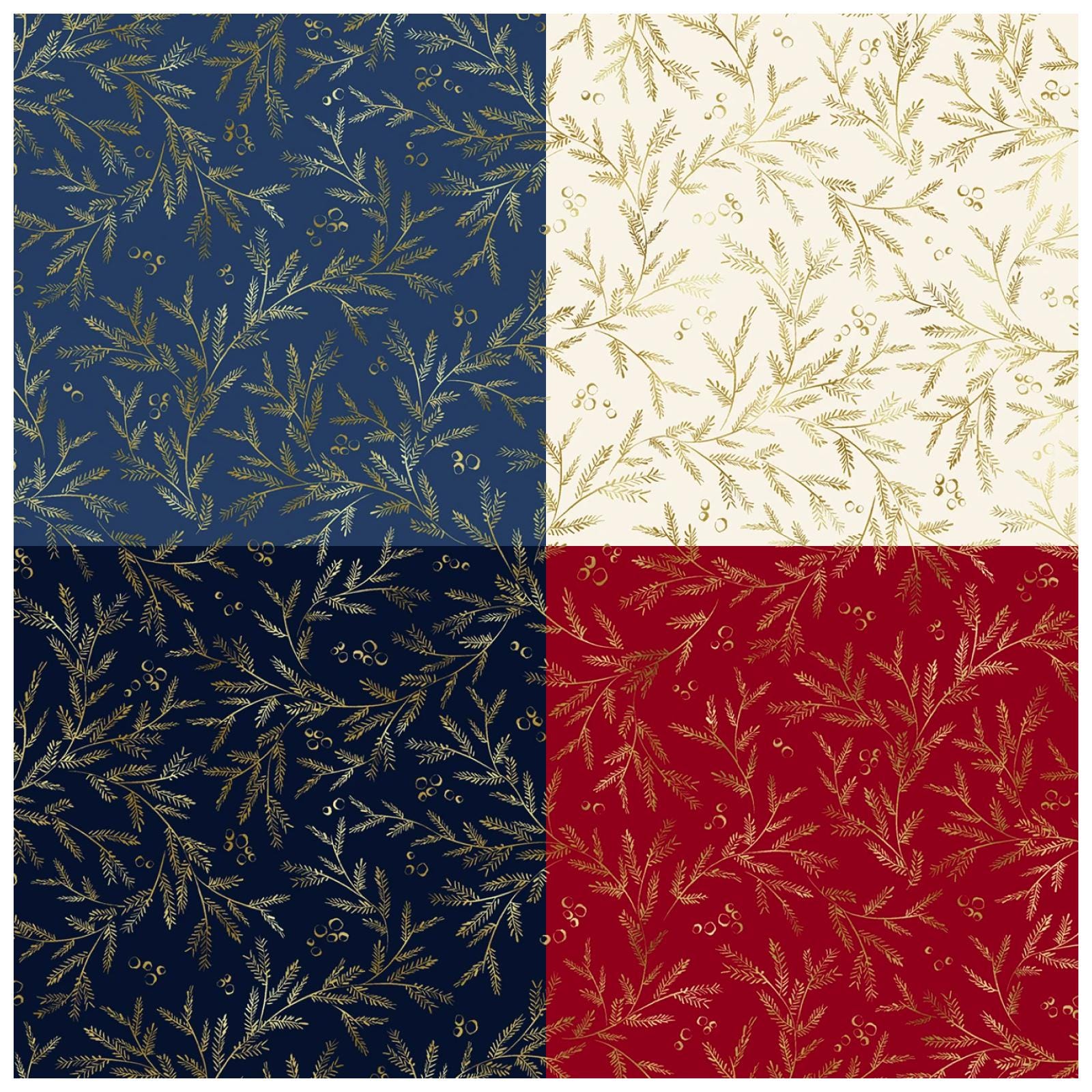 Gold Metallic Pine Branch Vines Cotton Fabric, Joyful 5893 Sara Berrenson P&B Textiles, Christmas Holiday Fat Quarter FQ By Yard BTY Precuts
