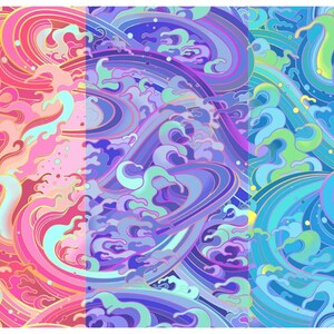 May include: A vibrant textile pattern featuring stylized swirling waves and water currents. The design transitions from warm pinks and oranges on the left, through deep purples in the center, to cool blues and bright yellows on the right side.