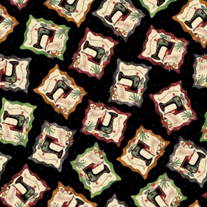 May include: A black background with a repeating pattern of colorful, ornate frames featuring a vintage sewing machine with the text "Happiness is Handmade" and "Merry" on a banner.