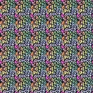 May include: A seamless pattern of colorful abstract shapes on a black background. The shapes are in shades of pink, blue, green, yellow, and orange. The pattern is repeated throughout the image.