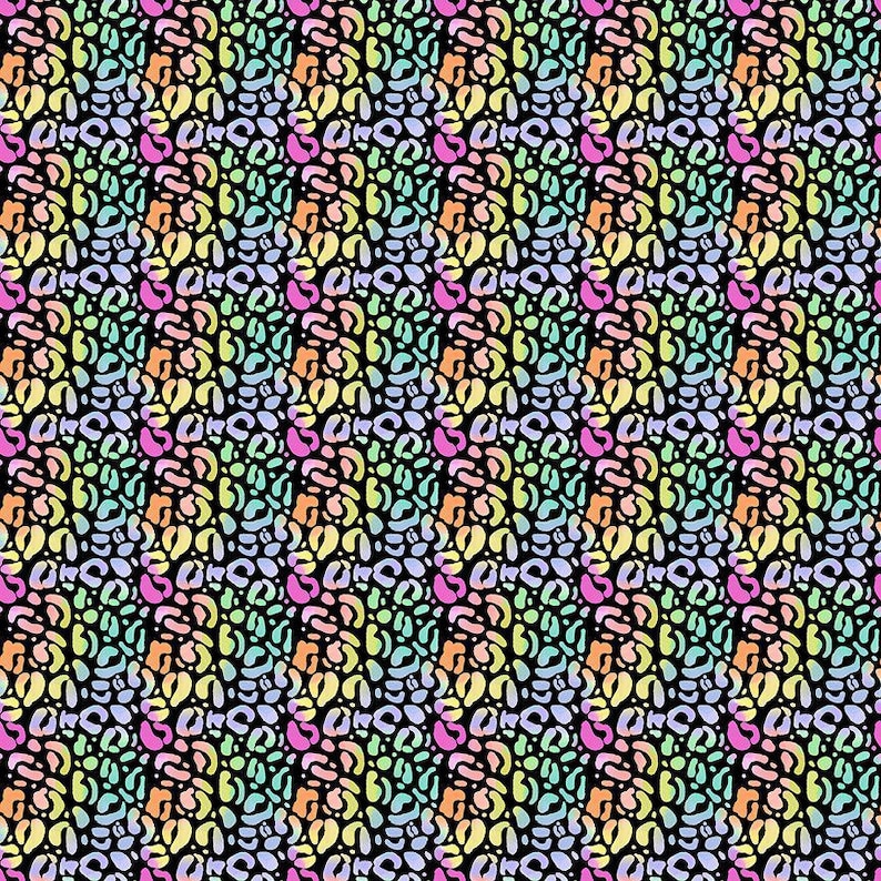 May include: A seamless pattern of colorful abstract shapes on a black background. The shapes are in shades of pink, blue, green, yellow, and orange. The pattern is repeated throughout the image.