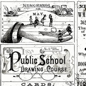 May include: Black and white illustration of a hand holding a group of children. The hand is labeled with numbers 1 through 7. The illustration is titled "Memoranda for May." Below the illustration is a black and white image of a schoolhouse with the text "The Public School Drawing Course Cards."