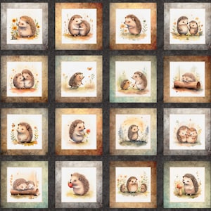 May include: A fabric panel featuring sixteen square illustrations of hedgehogs in various poses. Each image has a watercolor style with soft colors and depicts hedgehogs with flowers, butterflies, and in pairs. The panel has a dark gray border.