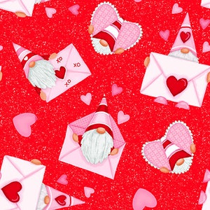 Tossed Gnomes and Envelopes Cotton Fabric, Gnomie Love, Shelly Comiskey, Henry Glass, Valentines Day BTY, By the yard Fat Quarter FQ Precuts