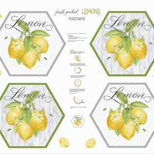 May include: Four hexagon-shaped placemats with a white woodgrain background and a green border. Each placemat features a lemon branch with three lemons, green leaves, white flowers, and bees. The text "Lemon" is written in cursive on each placemat. The text "fresh-picked LEMONS PLACE MATS" is written at the top of the image.