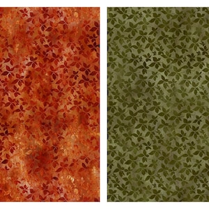 May include: Two fabric panels with leaf patterns. One panel features a rusty orange background with dark red leaves. The other panel has a muted green background with green leaves. Both panels have a textured appearance.