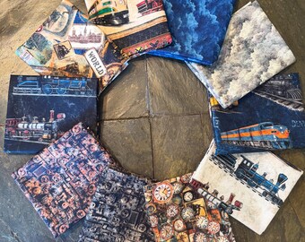 10 pc Steam & Steel Fat Quarter Bundle with Optional 36" Panels, Dan Morris Group Creative QT Fabrics Vintage Steampunk Train FQ Precuts Set