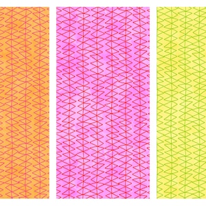 May include: Three vertical panels with a repeating geometric pattern. The left panel is orange with a red pattern, the middle panel is pink with a red pattern, and the right panel is yellow with a green pattern.