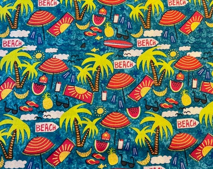 Novelty Beach Scene Cotton Fabric by the Yard, FQ, Fat Quarter, Half