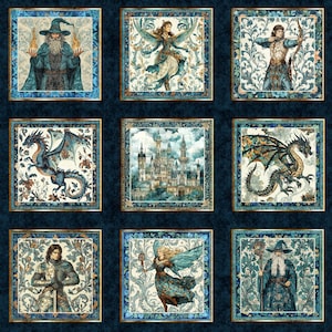 May include: A fabric panel featuring nine square illustrations with a fantasy theme. The images depict wizards, fairies, dragons, a castle, and a knight, all framed in gold and set against a dark blue background with a decorative border. The illustrations are in shades of blue, green, and brown.
