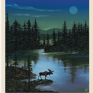May include: A vintage-style poster of Isle Royale National Park. The image depicts a moose standing near a lake at dusk, with a full moon in the sky. Dark green trees line the water's edge, and the text "Isle Royale National Park" is at the bottom.