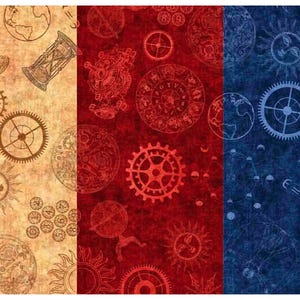 May include: A vintage-inspired fabric featuring a repeating pattern of gears, sunbursts, and other clock-related imagery. The fabric is divided into three sections: a beige section with brown imagery, a red section with red imagery, and a blue section with blue imagery.