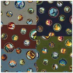 May include: A patterned fabric featuring circular National Park badges. The badges showcase various park scenes with text, including "Yosemite" and "Acadia National Park." The background is divided into four sections with different colors: gray, brown, navy, and olive green.