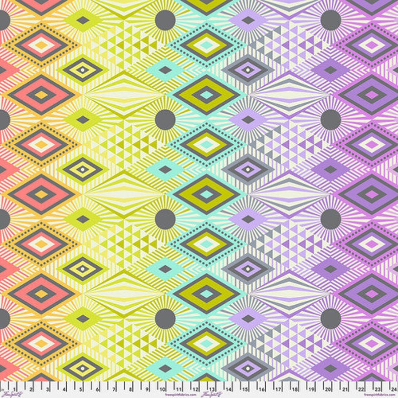 May include: A colorful geometric pattern with a gradient of colors from pink to purple. The pattern features a series of diamonds and triangles.