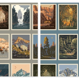 May include: A collage of 15 vintage-style travel posters featuring various national parks in the United States. Each poster depicts a scenic landscape with a park name and "National Park" text.