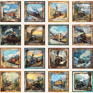 36" Train Picture Patches Panel Cotton Fabric, 31632 Steam & Steel, Dan Morris Creative, QT Fabrics, Vintage Steampunk Decor Tote