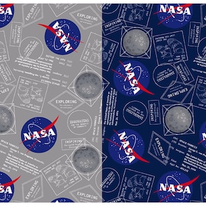 May include: A repeating pattern featuring the NASA logo, a blue circle with a red swoosh and white text, alongside illustrations of the moon, space boots, and text elements. The design is presented on both gray and navy blue backgrounds.