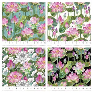 Water Lilies Feature Floral Cotton Fabric, Northcott DP25057-99 Oriental Asian FQ Fat Quarter BTY half by the yard Pastel Flowers Dragonfly