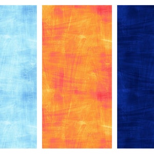 May include: Three vertical panels with textured backgrounds. The panels are in shades of light blue, orange, and dark blue. The textures appear to be brushstrokes or scratches, creating a visual effect.