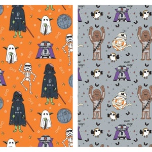 May include: Two different patterns featuring Star Wars characters dressed in Halloween costumes. The first pattern is orange with characters like Darth Vader, Stormtroopers, and R2-D2. The second pattern is gray with characters like Chewbacca, BB-8, and Porgs.