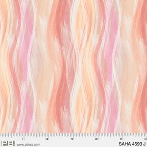 May include: Fabric with a watercolor-style design. The pattern features vertical, wavy brushstrokes in shades of peach, pink, and cream. The fabric has a soft, flowing appearance, with the text "SAHA 4593 J" at the bottom.