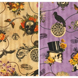 May include: Two patterned fabric panels. One features a tan background with skulls, bats, flowers, and butterflies. The other has a purple background with skulls, a raven, and a top hat. Both have a gothic, vintage aesthetic.