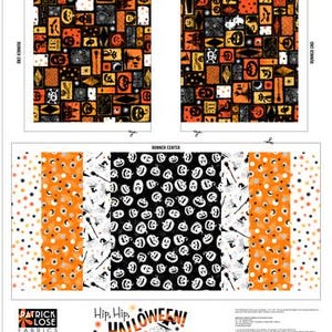 May include: Halloween-themed fabric panels and table runner. The panels feature a patchwork design with orange, black, and gray squares with Halloween icons. The table runner has a black center with white pumpkin faces, flanked by orange and white patterned sections. The table runner measures 15 x 58 inches.