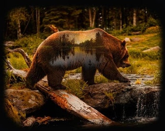 Grizzly Panel Cotton Fabric, Call of the Wild V5270 260 Hoffman Fabrics easy fast wall art, forest wildlife decor, Bear Mountain Outdoors