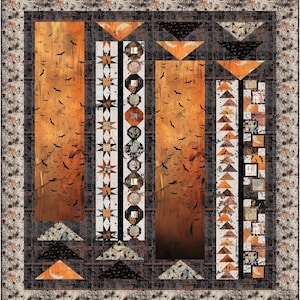 May include: A Halloween-themed quilt with an orange and black color scheme. The quilt features a central design of bats flying against an orange gradient background. Decorative elements include stars, triangles, and geometric shapes, with a spiderweb border.